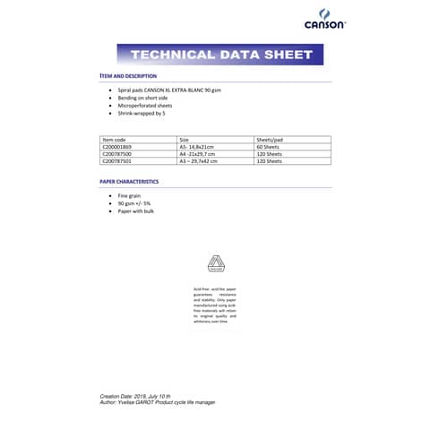 Album spiralato CANSON XL Extra White bianco 90 g/m² 120 fogli A4 C200787500